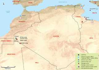 Mapa de ACNUR (Alto Comisariado de la ONU para los Refugiados) con la situacin de los campamentos del Frente Polisario en una encrucijada fronteriza, en el sureste de Argelia.